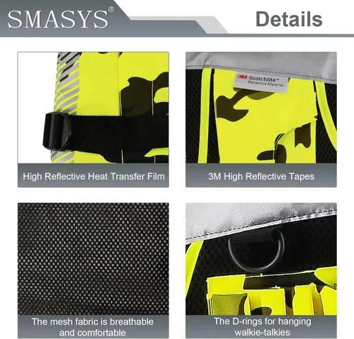 Miniatura 3 de Chaleco de seguridad Hi Vis con cintas reflectantes 3M, tela Oxford con 11 bolsillos, ropa de trabajo de construcción de visibilidad brillante
