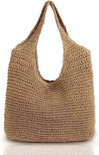 QTKJ Bolso de hombro de paja grande y suave tejida a mano, estilo bohemio, con asa de pajilla, estilo retro, para verano, playa, de ratán (color