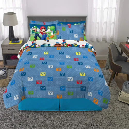 Miniatura 6 de Franco - Juego de ropa de cama para niños supersuave, edredón y juego de sábanas con funda de almohada, 7 piezas, tamaño matrimonial, Mario