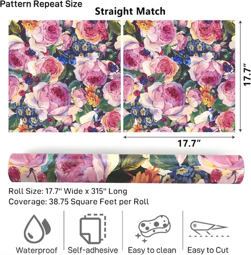 Miniatura 9 de VaryPaper Papel tapiz vintage floral oscuro de 17.7 x 78.7 pulgadas, diseño de peonía de acuarela, papel tapiz de flores para despegar y pegar