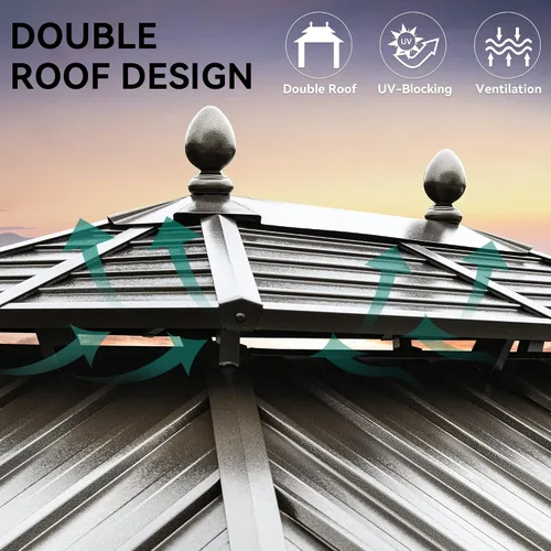 Miniatura 4 de YITAHOME Cenador de techo rígido de 10 x 12 pies con redes y cortinas, acero galvanizado de doble techo resistente para exteriores, combinado