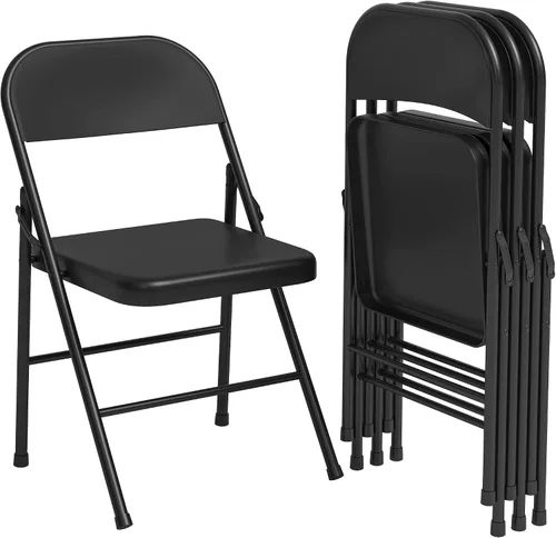 IDEALHOUSE Juego de 4 sillas plegables de acero, sillas de comedor plegables de metal resistente negro con respaldo, soporta hasta 350 libras, silla