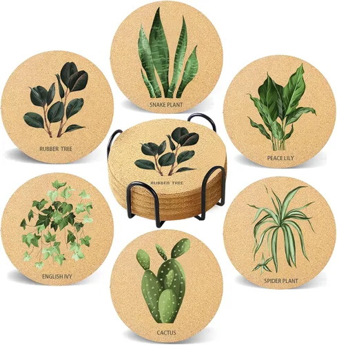 Miniatura 10 de Juego de 6 posavasos de café para bebidas con soporte, posavasos de madera de corcho absorbente para escritorio, mesa de oficina, decoración