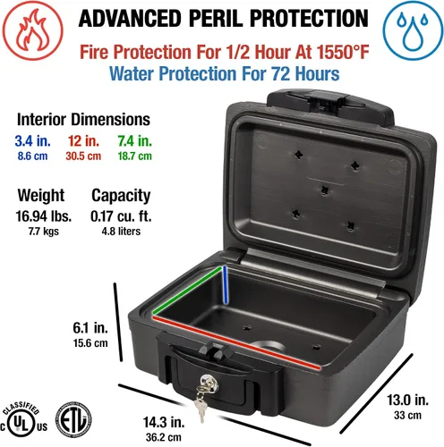 Miniatura 5 de Caja impermeable ignífuga SentrySafe H0100 con cerradura de llave, 0.17 pies cúbicos, negro