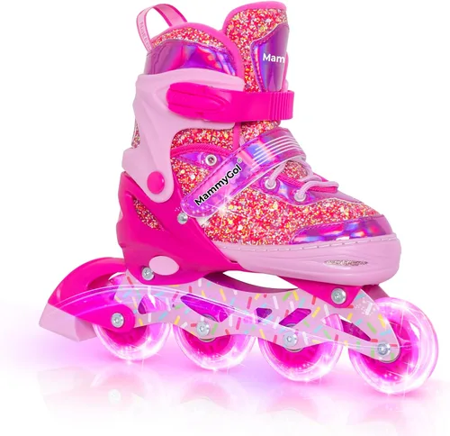 Mammygol Patines en línea para niñas y niños, 4 tamaños ajustables para niñas de 3 a 12 años con ruedas iluminadas y protección de seguridad, regalo
