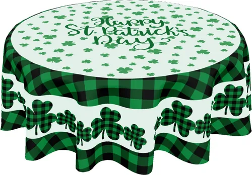 Mantel redondo del Día de San Patricio de 60 pulgadas, diseño de trébol verde, a cuadros, lavable, para cocina, mesa de comedor, fiesta, picnic,