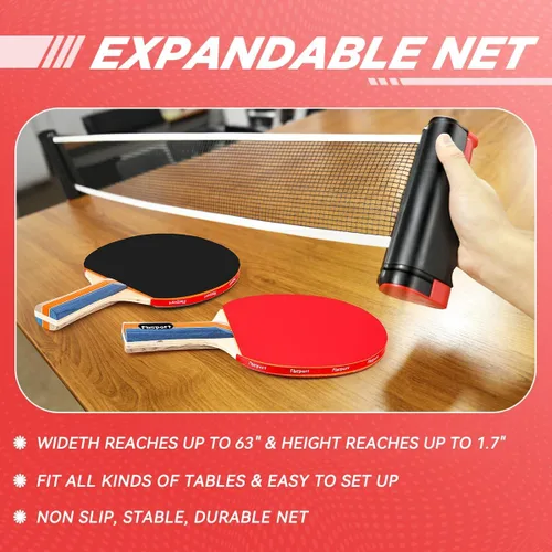 Miniatura 5 de FBSPORT Set de palas de ping pong, juego de tenis de mesa con 4 raquetas y 8 bolas, red retráctil con bolsa de almacenamiento - accesorios de pala 4