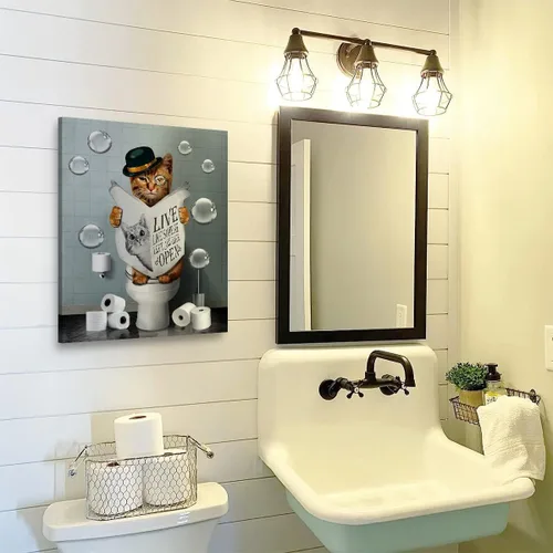 Kateflower Lienzo decorativo para baño, arte de pared, lindo gato sentado en el inodoro, leyendo periódicos, imágenes de animales de granja, pintura
