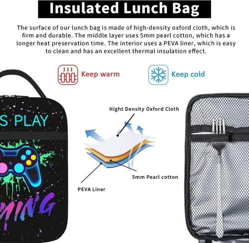Miniatura 5 de SARA NELL Lonchera con controlador de juegos, bolsa de almuerzo colorida para niños, lonchera impermeable con aislamiento térmico para niños, mini