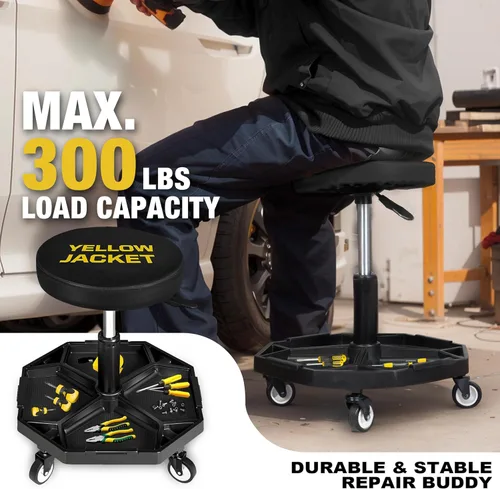 Miniatura 5 de YELLOW JACKET - Asiento rodante de garaje ajustable con neumáticos tipo taburete para taller, con 300 libras de capacidad, silla mecánica con ruedas