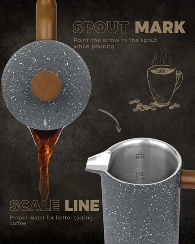 Miniatura 4 de POLIVIAR - Cafetera de prensa francesa, prensa de café de 34 onzas con mango de madera real, aislamiento de doble pared y pantalla de doble filtro