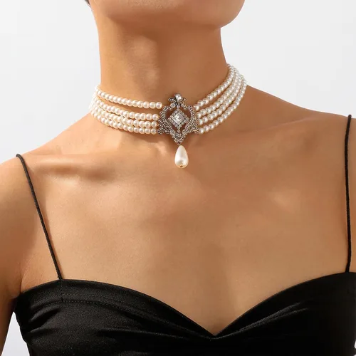 Miniatura 6 de NEWITIN 6 collares de perlas de diamantes de imitación para mujer, gargantilla de perlas en capas con diamantes de imitación de los años 20, collar