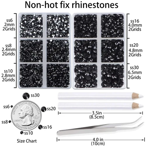 Miniatura 2 de LPBeads 6000 unidades de diamantes de imitación negros no termofijos, 6 tamaños, cristal redondo, con parte trasera plana, pinzas y bolígrafo