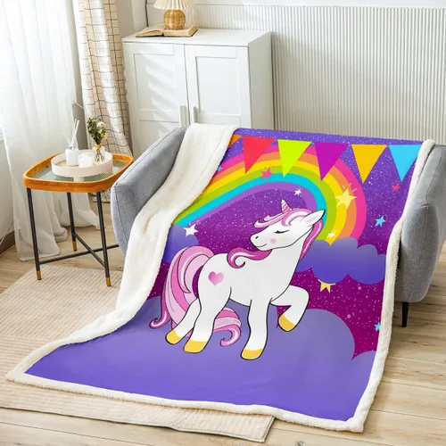 Erosebridal Manta de franela sherpa de unicornio para niñas, bonito estampado de unicornio, manta de animales mágicos, morado, 40 x 50 pulgadas