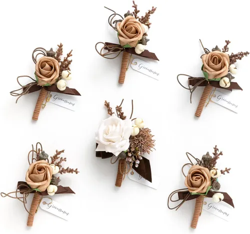 Miniatura 39 de Ling's Moment Boutonniere para Hombres Boda, Juego de 6, Novio y Padrinos Boutonniere para Boda Regreso a Casa Halloween Ceremonia Aniversario, Cena