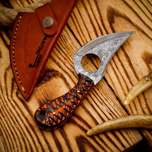 Miniatura 8 de Predator Hunter - Cuchillo de damasco hecho a mano con funda de cuero, para desollar, acampar, al aire libre, cuchillos de bushcraft EDC de hoja