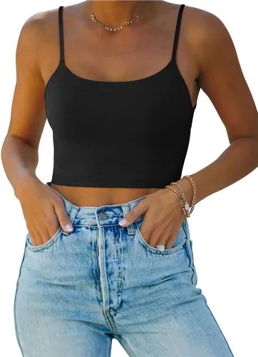 REORIA Camiseta sin mangas sexy con tirantes delgados ajustables y doble forro sin costuras para yoga