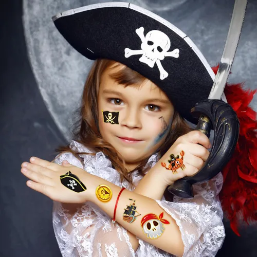 Miniatura 2 de winthrop 240 tatuajes temporales con purpurina pirata a granel, color oro destello envueltos individualmente, tatuajes de seguridad impermeables