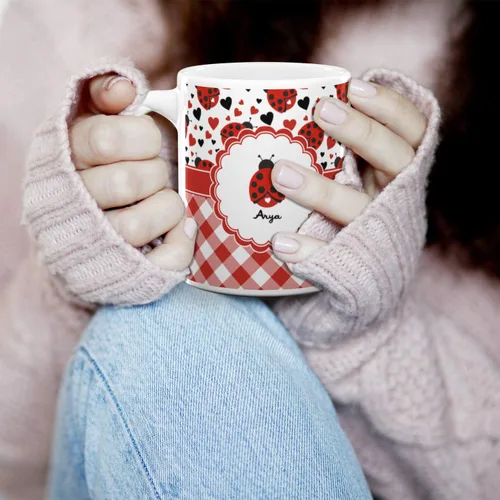 Miniatura 3 de Taza de café personalizada Ladybugs & Gingham de 11 onzas, color blanco