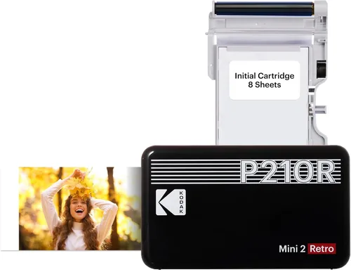 KODAK Mini 2 Retro 4PASS - Impresora fotográfica portátil (2.1 x 3.4 pulgadas) + 8 hojas, color negro