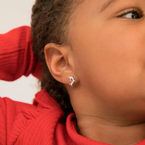 Miniatura 3 de Aretes de plata de ley 925 con circonita cúbica transparente náutica y delfín para niñas pequeñas, preadolescentes y adolescentes, 0.354 in, joyería