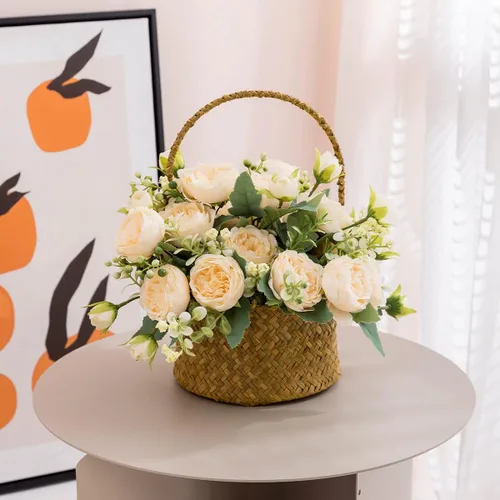 Miniatura 5 de Floweroyal 4 Ramos de Flores Artificiales de Peonía Color Champán, Ramos de Peonías de Seda para Bodas, Fiestas, Centros de Mesa de Mesa, Arreglos