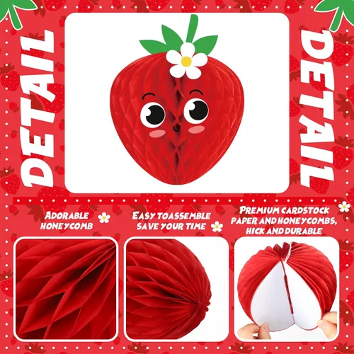 Miniatura 4 de WILLBOND 9 piezas de decoración de fiesta de fresa, bolas de panal de fresa, recuerdos de cumpleaños, centros de mesa de bayas, papel de seda