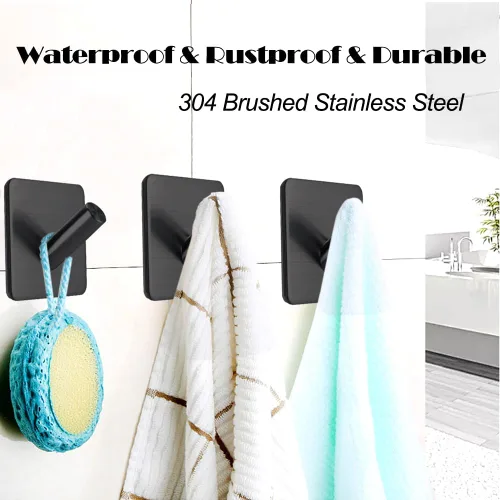 Miniatura 3 de Fotosnow Ganchos de pared adhesivos negro mate, curva de bloqueo de 15 libras, antideslizante, acero inoxidable, sin taladro, ganchos para baño