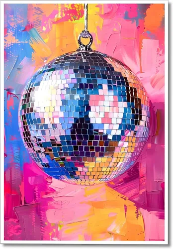 Miniatura 11 de Arte de Pared en Lienzo de Bola de Discoteca Rosa Suave de Moda, Póster con Textura de Bola de Espejo Plateada Funky para Chica, Impresión