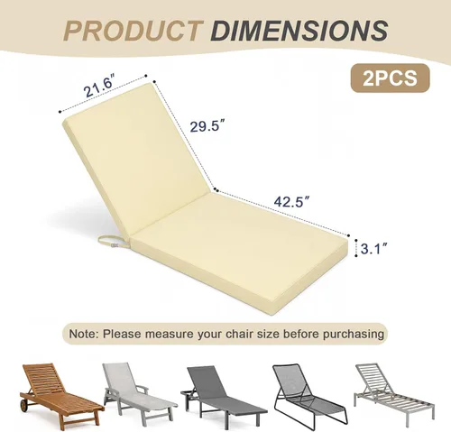 Miniatura 5 de BPS Paquete de 2 cojines para tumbonas de 72 x 22 pulgadas, resistentes a la decoloración y al agua, funda extraíble y correas ajustables para tomar