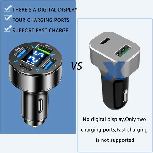 Miniatura 6 de Cargador de Coche Rápido, Cargador USB de 4 Puertos con Encendedor de Cigarrillos y Voltímetro LED, Adaptador de Cargador de Coche PD3.1/Super Port