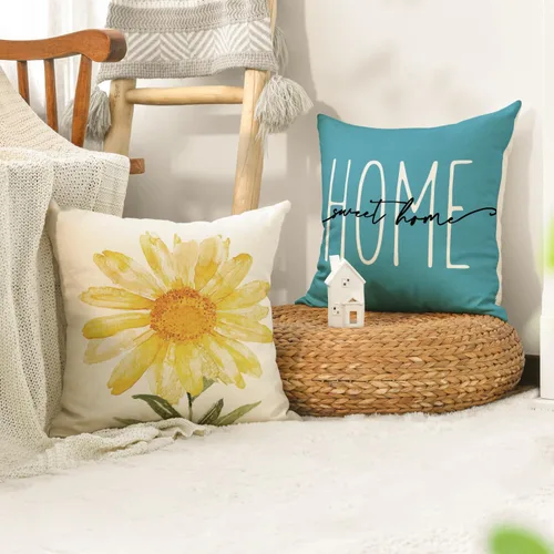 Miniatura 5 de AVOIN colorlife Home Sweet Home - Juego de 4 fundas de almohada amarillas para primavera y verano, 16 x 16 pulgadas, funda de cojín azul para sofá