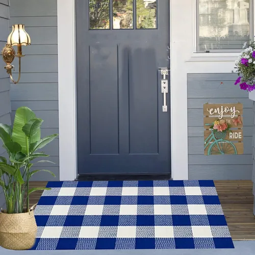 Miniatura 9 de SEEKSEE - Alfombra de algodón a cuadros de búfalo 27.5"x43" azul y blanco, alfombra lavable para felpudo, alfombras de interior y exterior