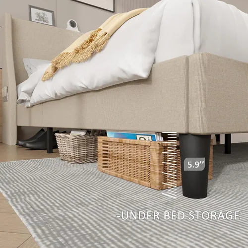 Miniatura 5 de VECELO Base de cama Queen con cabecera tapizada con respaldo alado, base de cama de plataforma resistente con estación de carga y bolsillos Beige
