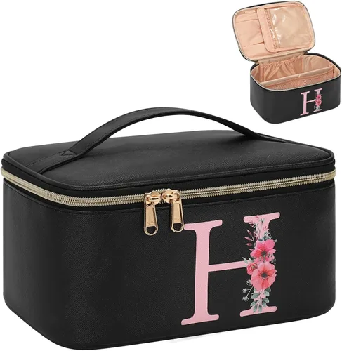 Miniatura 26 de OCHEAL Bolsa de maquillaje personalizada, bolsa de maquillaje beige para mujer, kit de aseo de viaje con monograma, organizador de cosméticos listo