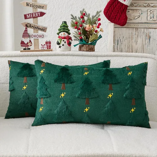 Miniatura 19 de Kevin Textile - Fundas de almohada con diseño de árbol de Navidad de 16 x 16 pulgadas, juego de 2, bordado de lujo, felpa suave, piel sintética