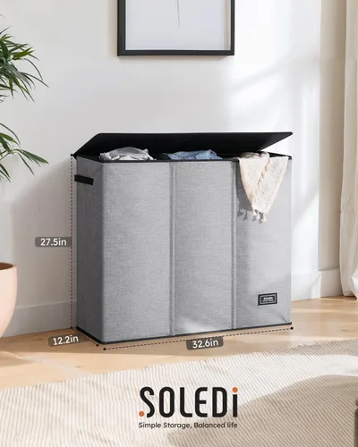 Miniatura 7 de SOLEDI Cesta de ropa sucia de 180L de 3 secciones, cesta de ropa sucia extra grande con tapa, cesta de ropa sucia con asa resistente, organizador