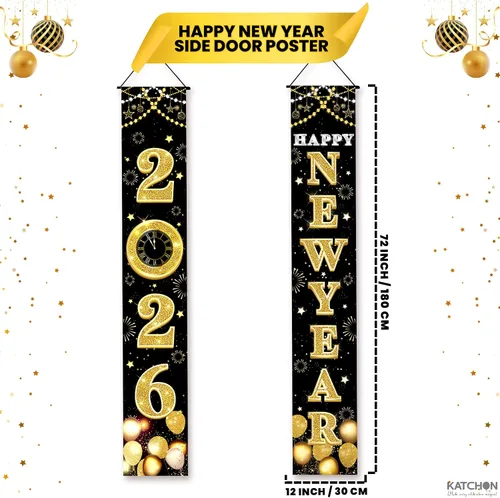 Miniatura 2 de KatchOn XtraLarge Pancarta de Feliz Año Nuevo 2026 – 72 x 12 pulgadas Pancarta de puerta de Feliz Año Nuevo negra y dorada para decoraciones