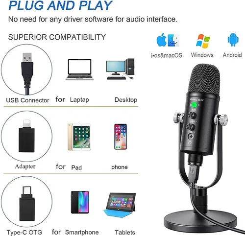 Miniatura 3 de Micrófono para podcast, kit de micrófono USB para teléfono, PC/Micro/Mac/Android, micrófono profesional de estudio Plug & Play con soporte
