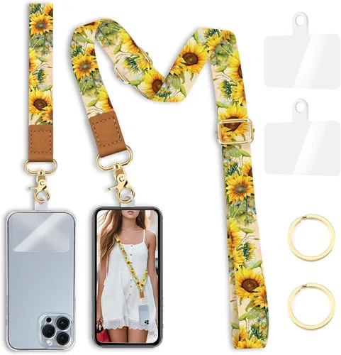 Miniatura 14 de Cordón cruzado para teléfono celular con correa para la muñeca, diseño de flores, para colgar alrededor del cuello, correa floral ajustable