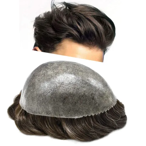 Miniatura 29 de Toupee Men Hairpiece Full Poly Toupee para hombres Cabello humano 77 colores PU inyección Mens Toupee sistema de reemplazo de cabello humano
