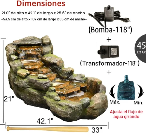 Miniatura 4 de Bumilgar Fuente de agua para jardín al aire libre, 42.1 pulgadas de largo, fuente de roca escalonada de pie con luces LED y bomba para jardín, patio