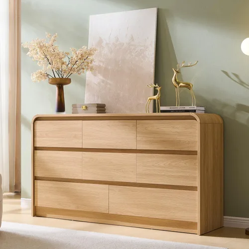 Miniatura 20 de Aitjunz Cómoda moderna de 5 cajones para dormitorio, 114 cm de altura con diseño de perfil curvo, cómoda vertical de madera estilo mediados de siglo