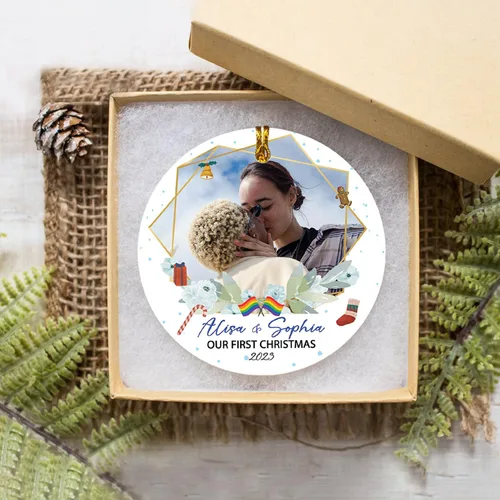 Miniatura 5 de Nombres de fotos personalizados, regalo de adorno de lesbianas gay, foto personalizada para parejas LGBT Gay Lesbianas Orgullo Arco Iris Ornamento