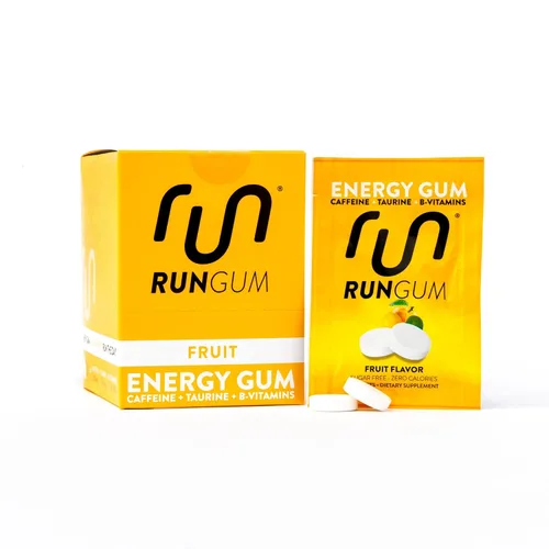 Run Gum Goma de mascar Energy & Focus con sabor a fruta, 50 mg de cafeína por pieza, sin azúcar con taurina y vitaminas B, goma de mascar de acción