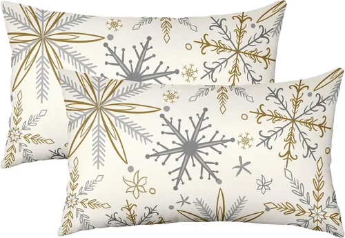 Miniatura 8 de Juego de 2 fundas de almohada de copos de nieve de invierno de 16 x 16 pulgadas, color amarillo, gris, gris, rústico, estampado navideño