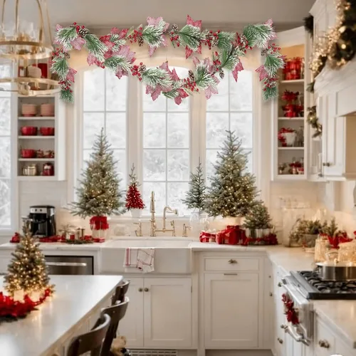 Miniatura 4 de CISDUEO - Guirnalda de Navidad Artificial de Flores de Nochebuena Poinsettia, Guirnalda de Bayas Rojas Artificiales con Piñas para Chimenea, Mantel