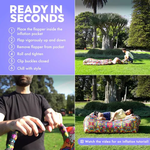 Miniatura 8 de Chillbo Inflatable Couch – Unique Designs - No-Pump Setup, Ripstop Polyester, Stability Pegs, Fun Prints - Portable Air Inflatable Lounger for