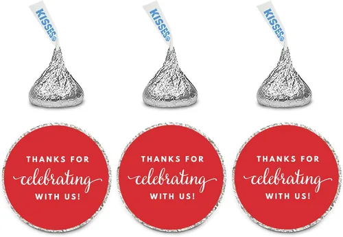 Andaz Press Trío de etiquetas de gotas de chocolate, se adapta a recuerdos de fiesta de besos, gracias por celebrar con nosotros, rojo, paquete de