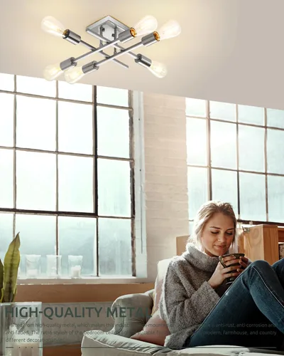 Miniatura 6 de Lámpara de techo semiempotrada de 6 luces, níquel cepillado industrial cerca del techo, moderna base E26 Sputnik lámpara de techo para cocina